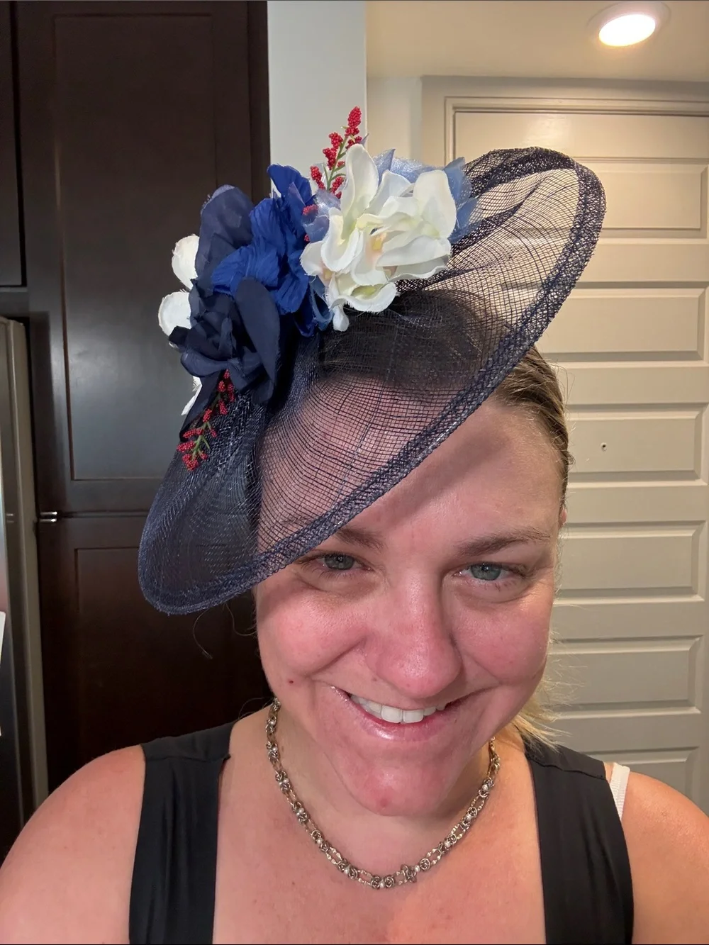 Nordstrom Navy Mesh Headband with Blue and White Floral Accents